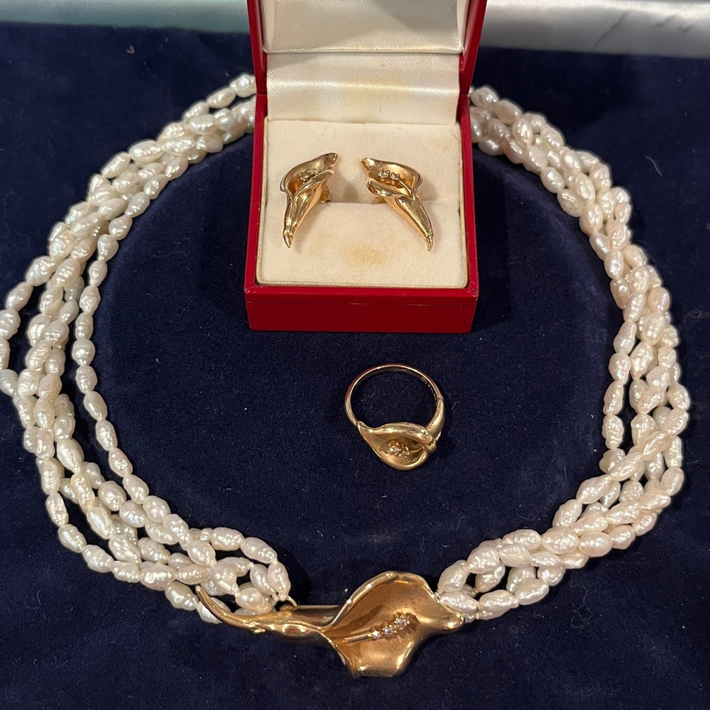 RARE “Jeweled Lily” 14k gold, diamond, pearl Necklace, earrings and ring set